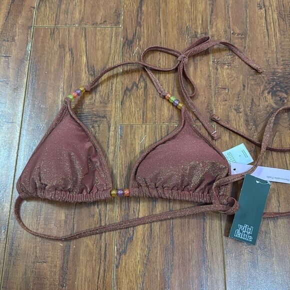 *NWT Wild Fable Small (4-6) Brown Sparkly Beaded Bikini Triangle Top Swim - Picture 2 of 8